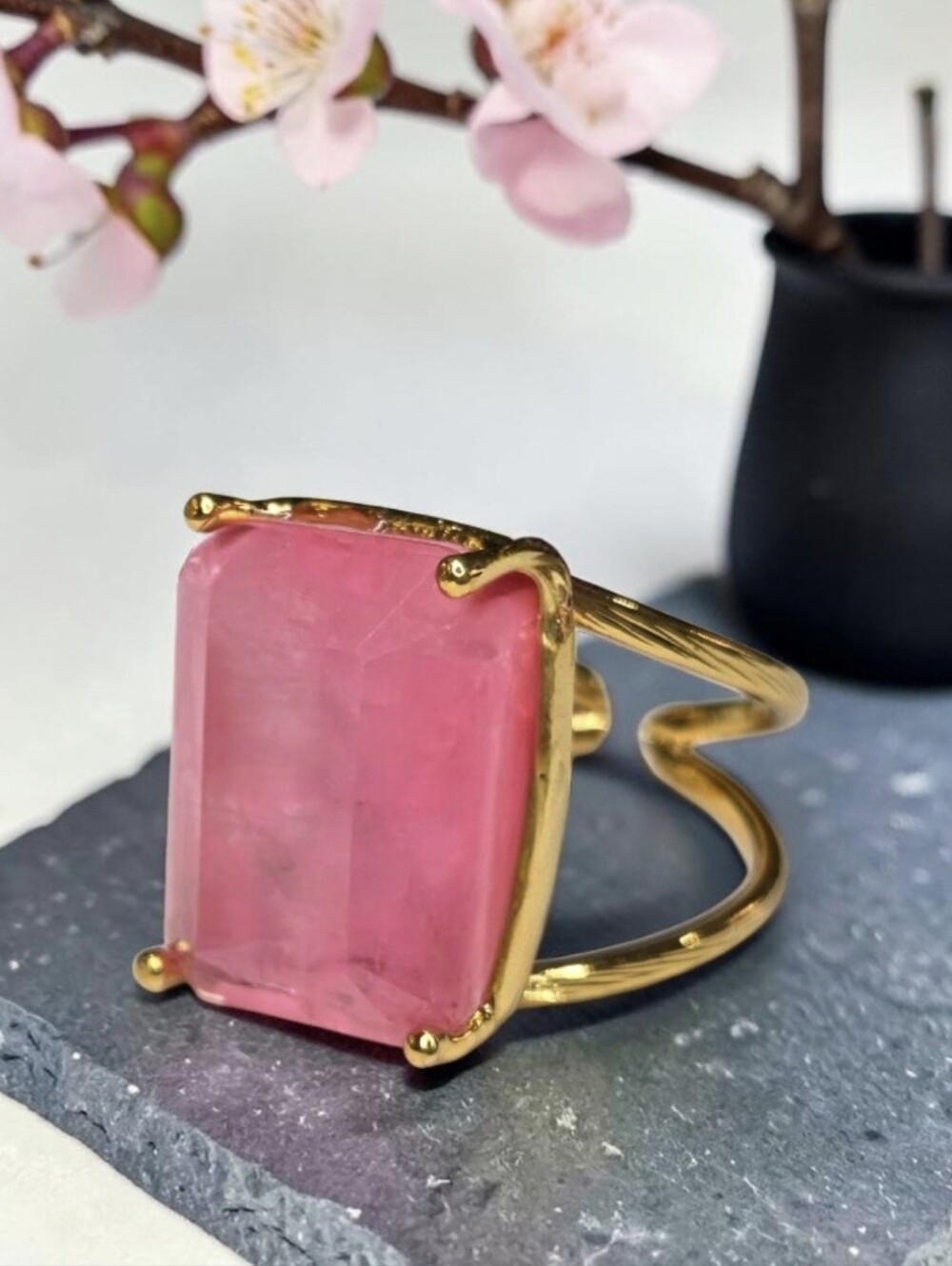 Romantic 18k Gold Plated Girly Pink Tourmaline Crystal Ring